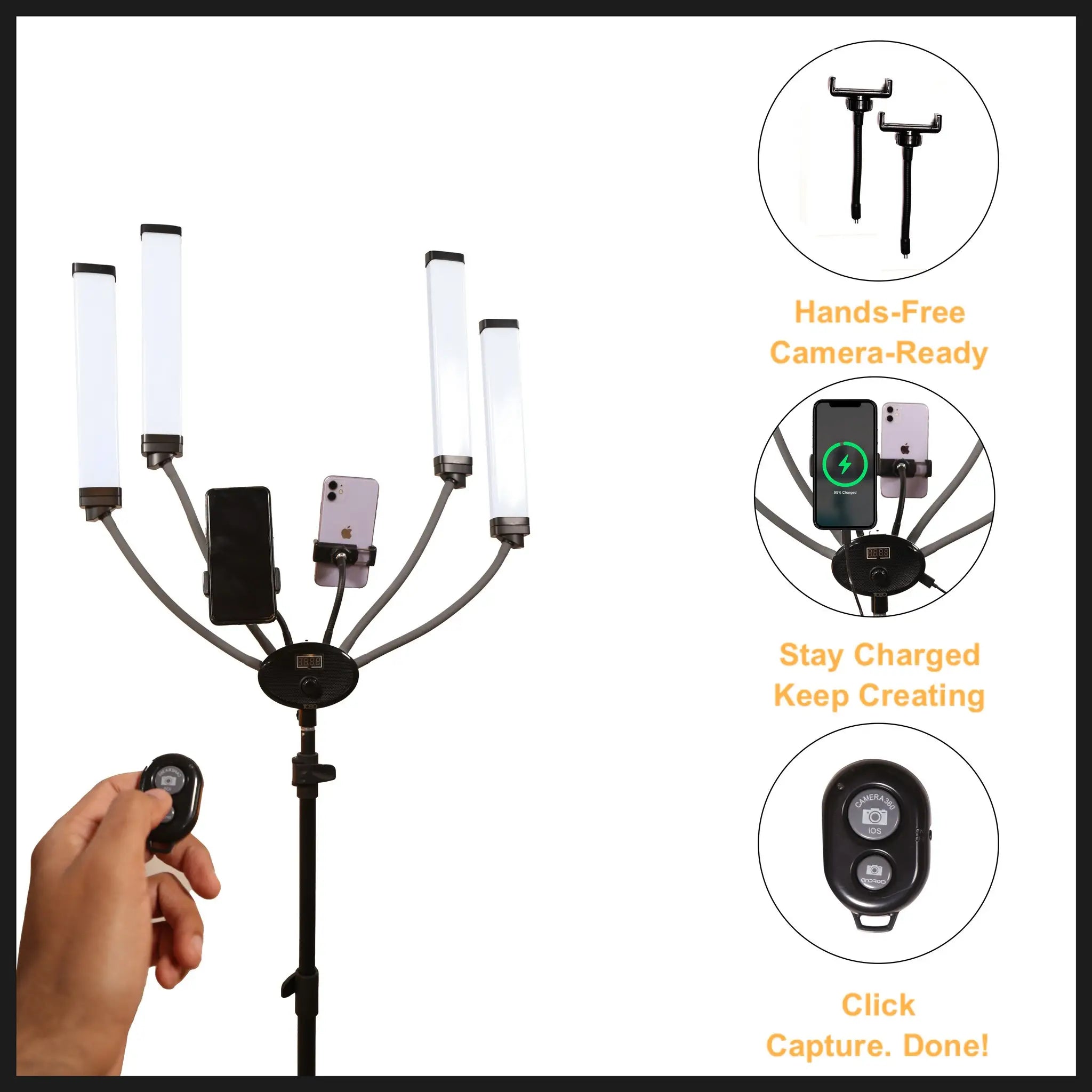 MUA Key Light Go Live. Capture. Create. — All at Once using 2x Phone Holders, USB Charging output and Bluetooth Remote Shutter. TQEQ