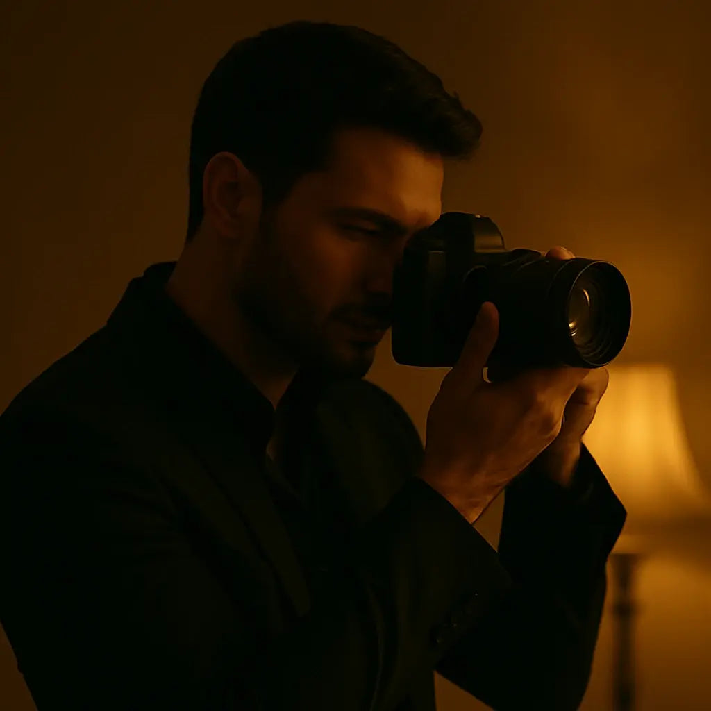 Photographer/ Videographer/ Cinematographer taking a photo with a camera in a dimly lit room.