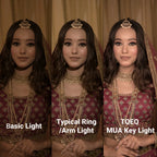 Three images of a woman in traditional bridal attire with different lighting conditions labeled 'Basic Light', 'Typical Ring/Arm Light', and 'TQEQ MUA Key Light'.