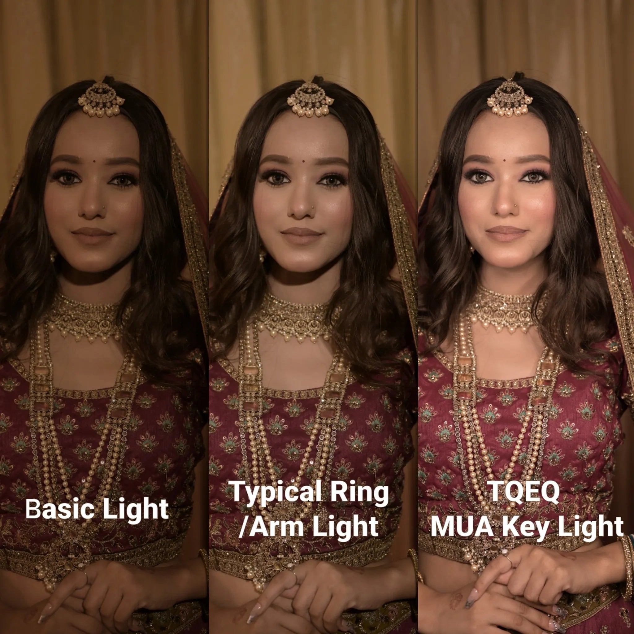 Three images of a woman in traditional bridal attire with different lighting conditions labeled 'Basic Light', 'Typical Ring/Arm Light', and 'TQEQ MUA Key Light'.