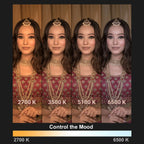 Collage of a woman dressed as bride in traditional bridal attire with color temperature labels on a dark background using TQEQ.