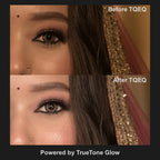 Before and after makeup comparison of a bride's eye with TQEQ technology applied, powered by TrueTone Glow.