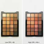 Makeup palette comparison between Low CRI (~80) and High CRI (~96+) on a white background. TQEQ