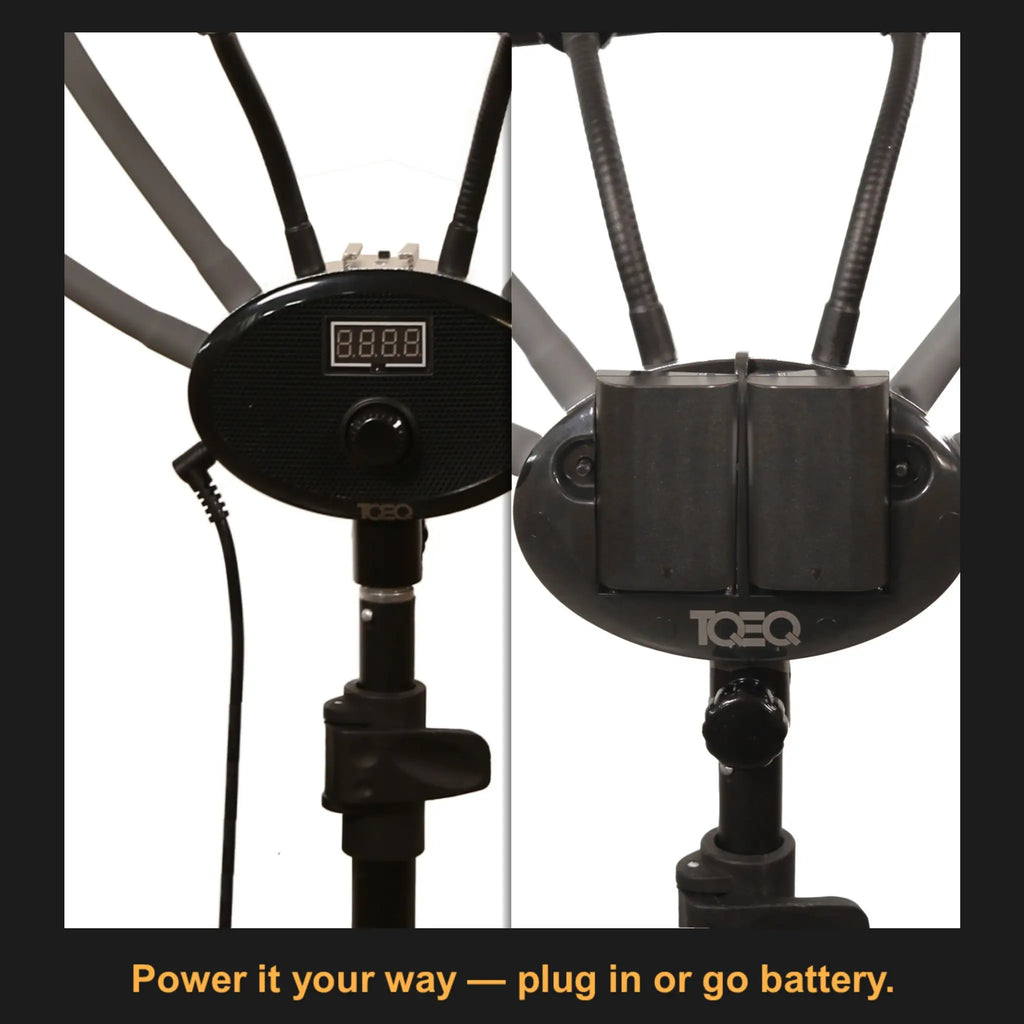 MUA Key Light dual power option either plug in via DC Power Adapter or use lithium batteries. TQEQ.