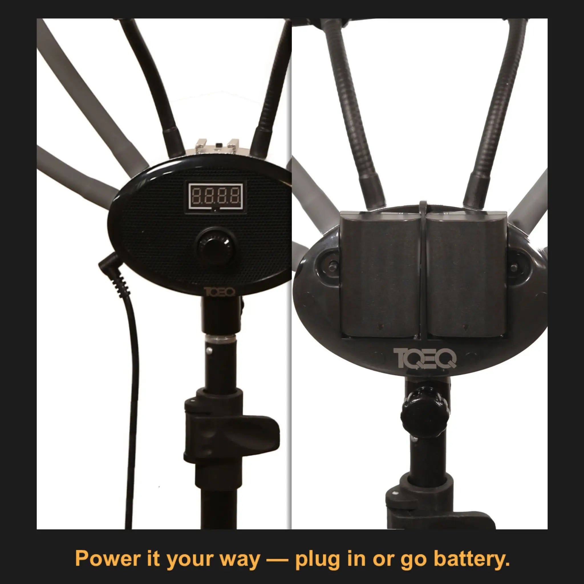 MUA Key Light dual power option either plug in via DC Power Adapter or use lithium batteries. TQEQ.