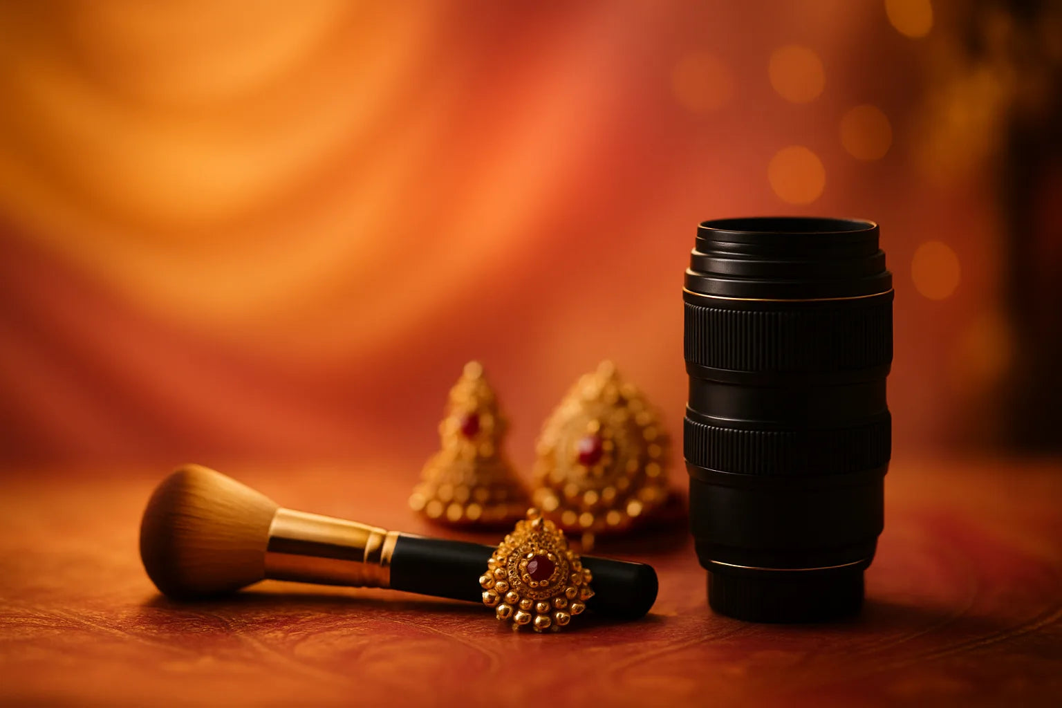 Makeup brush and decorative items on a textured surface with a blurred background.
