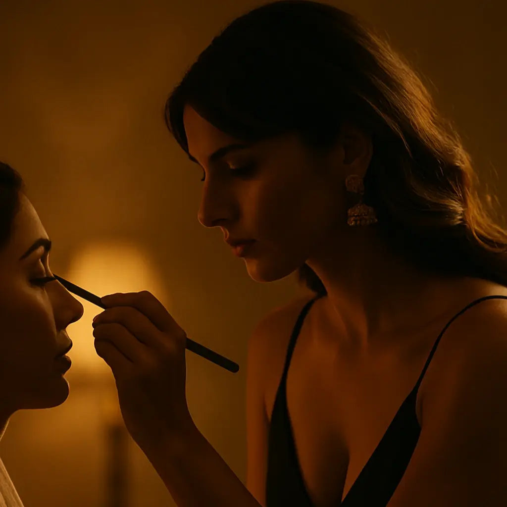 MUA applying makeup to another person's face in a dimly lit setting.